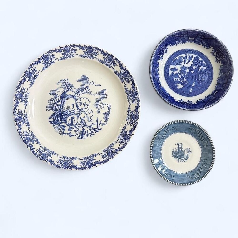 Set of 3 Blue and White Transfer-ware Display dishes for gallery wall